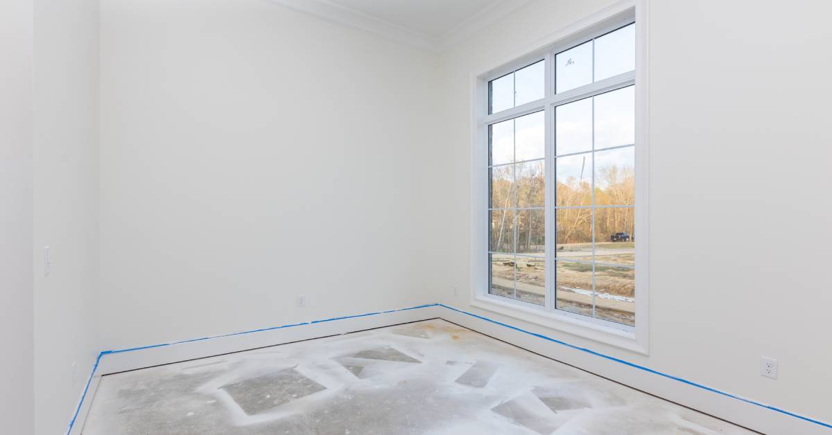 A house under construction with fresh drywall primer and painters tape on the walls. A window showcases a bright sunny day.