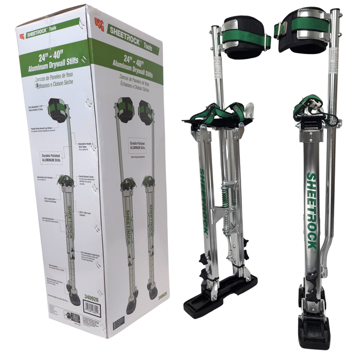 USG Sheetrock aluminum drywall stilts 24-40 with retail box packaging for professional drywall contractors