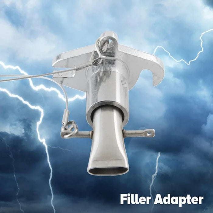 Metal filler adapter against a dramatic sky background with lightning.