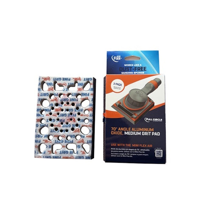 Full Circle Mini Flex Abrasive Sponge packaging showing 70° angle pad fine grit and aluminum oxide branding