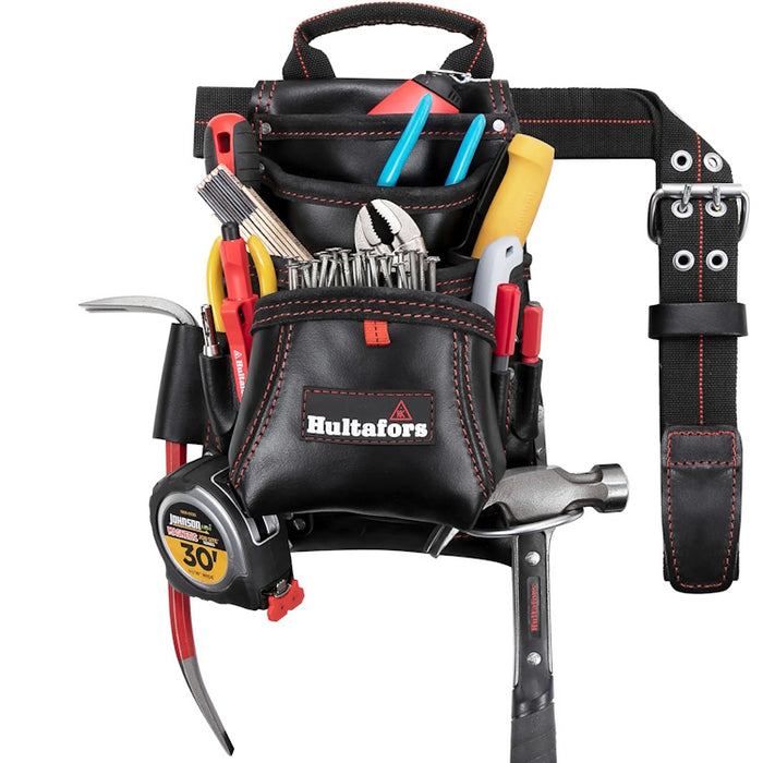 Leather tool pouch filled with nails, hammer, tape and markers for reference on jobsite