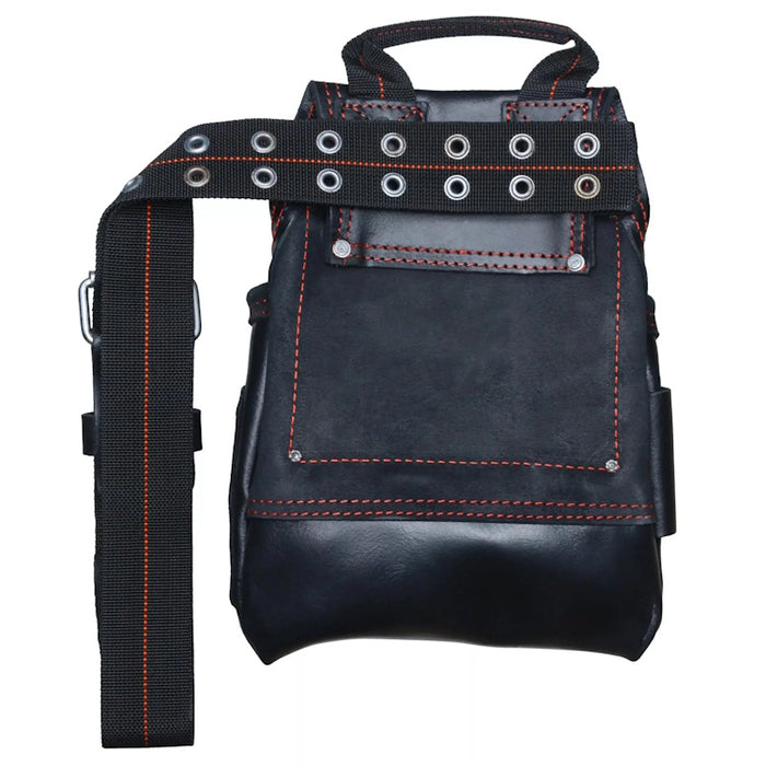 Back view of leather pouch attached to included web belt with roller buckle and handle grip