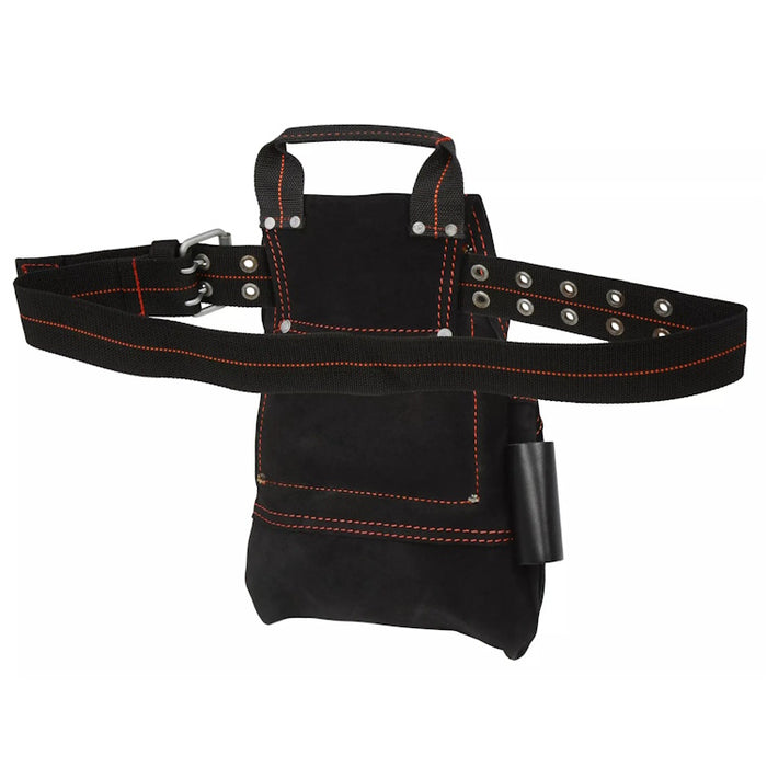 Back of Hultafors tool pouch attached to included web belt with double‑tongue roller buckle and grip handle