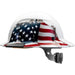 Side view full brim hard hat with bold American flag graphic and durable shell