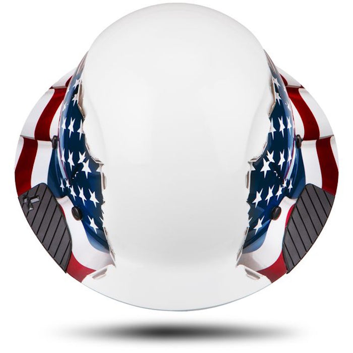 Top down view of American flag full brim hard hat showing fiber-reinforced shell