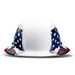 Front view patriotic full brim hard hat with stars and stripes graphic