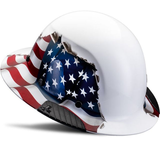 DAX full brim American flag hard hat angled view patriotic safety helmet