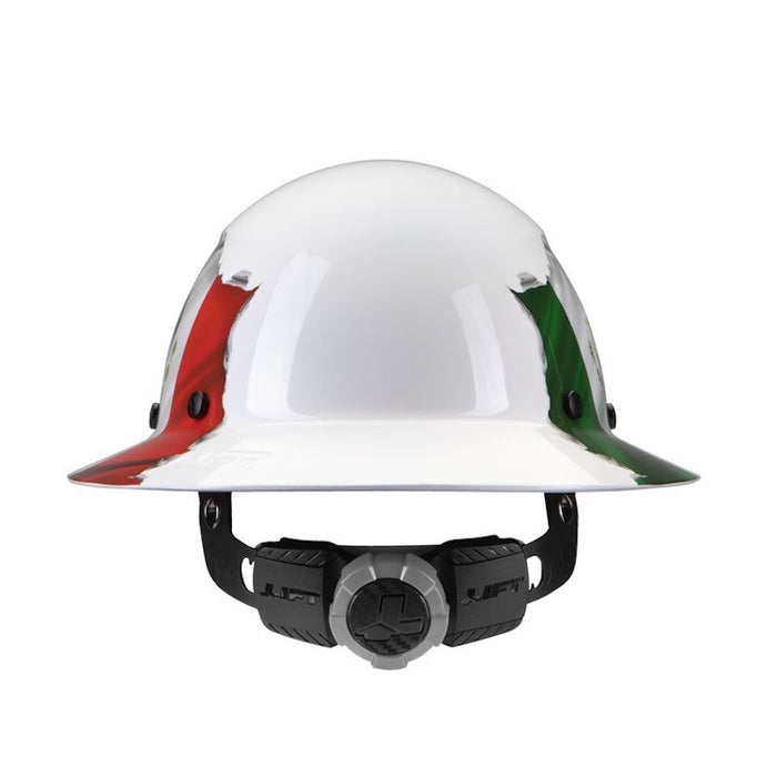 rear view DAX hard hat with Mexican flag and ratchet suspension