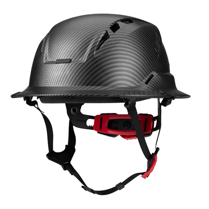 Lift Safety Radix carbon fiber safety helmet with full brim, chin strap, and red fit dial