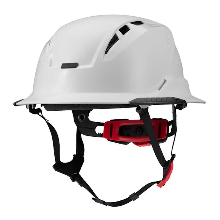 Lift Safety Radix white safety helmet with full brim, chin strap, and red fit dial