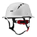 Lift Safety Radix white safety helmet with full brim, chin strap, and red fit dial