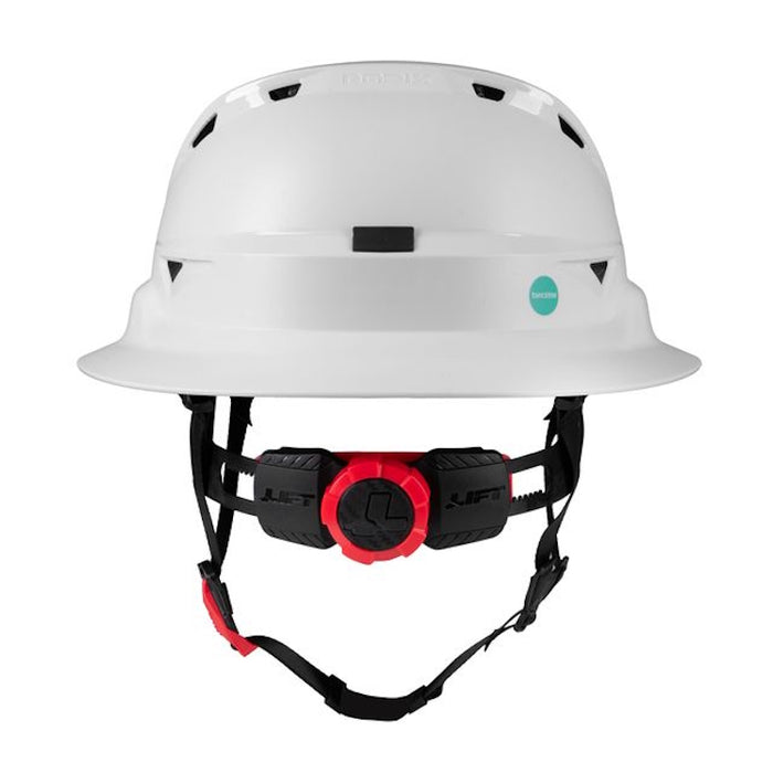 Rear view of white Radix Type 2 helmet showing twiceme sticker and ratchet suspension