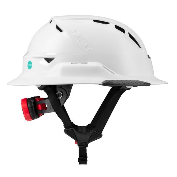 Lift Safety Radix white vented safety helmet side view with twiceme and chin strap