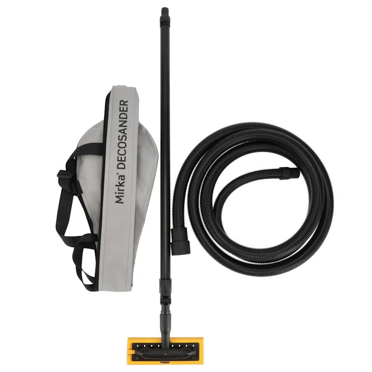 Mirka DecoSander kit at slight angle to show pad connection and components — rectangular pad view