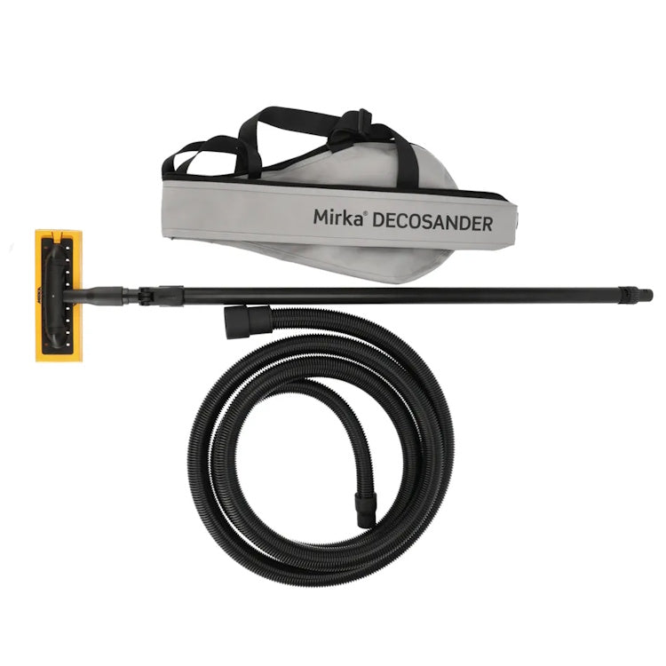 Mirka DecoSander kit assembled with rectangular pad attached — ready for drywall finishing
