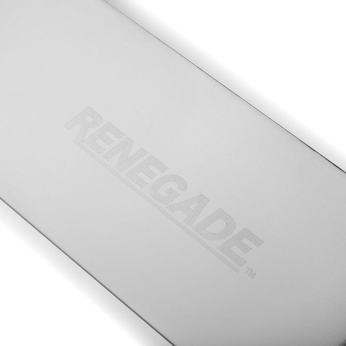 Stainless steel drywall mud pan side angle showing tapered ends, heavy duty joint compound holder