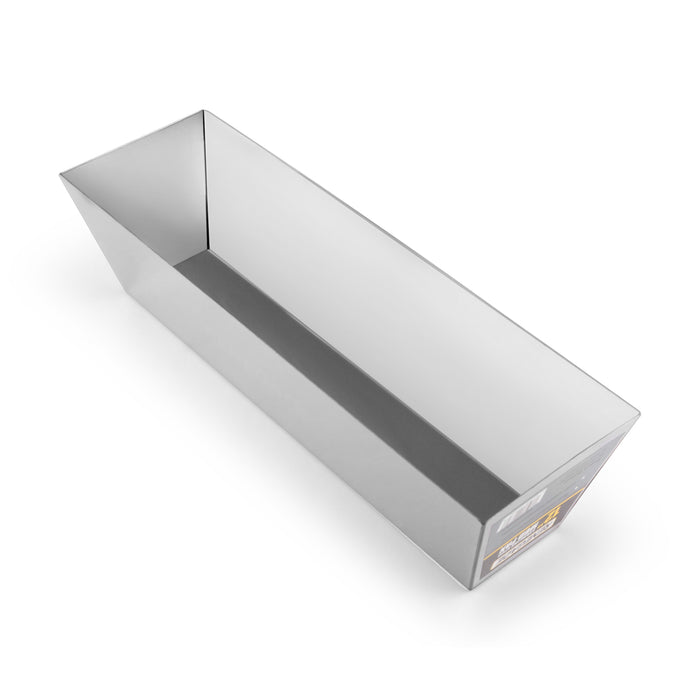 Renegade 12 inch stainless steel mud pan angled view, durable drywall finishing pan for joint compound