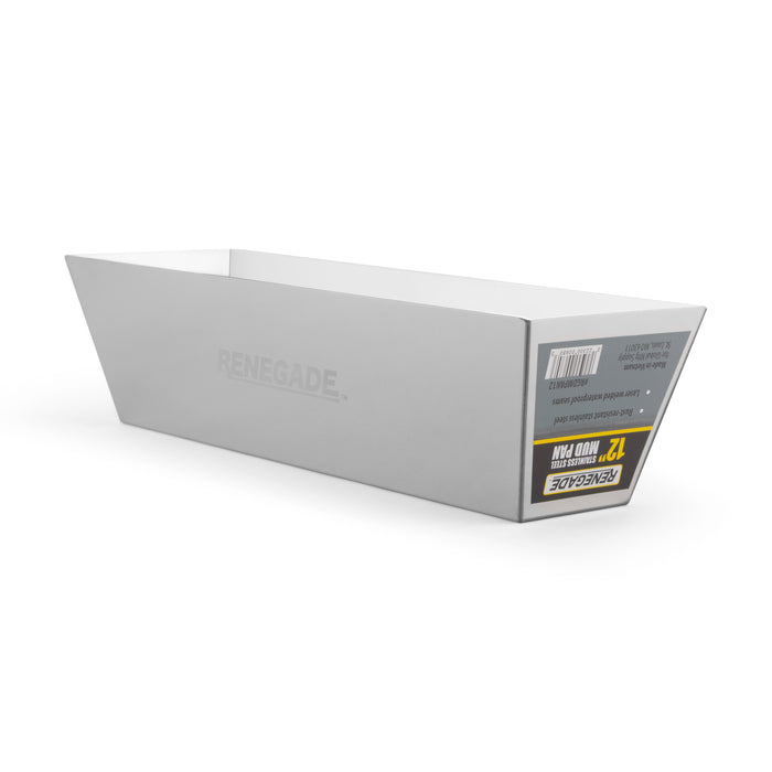 Renegade 12 inch stainless steel drywall mud pan packaged, professional joint compound tray for taping tools