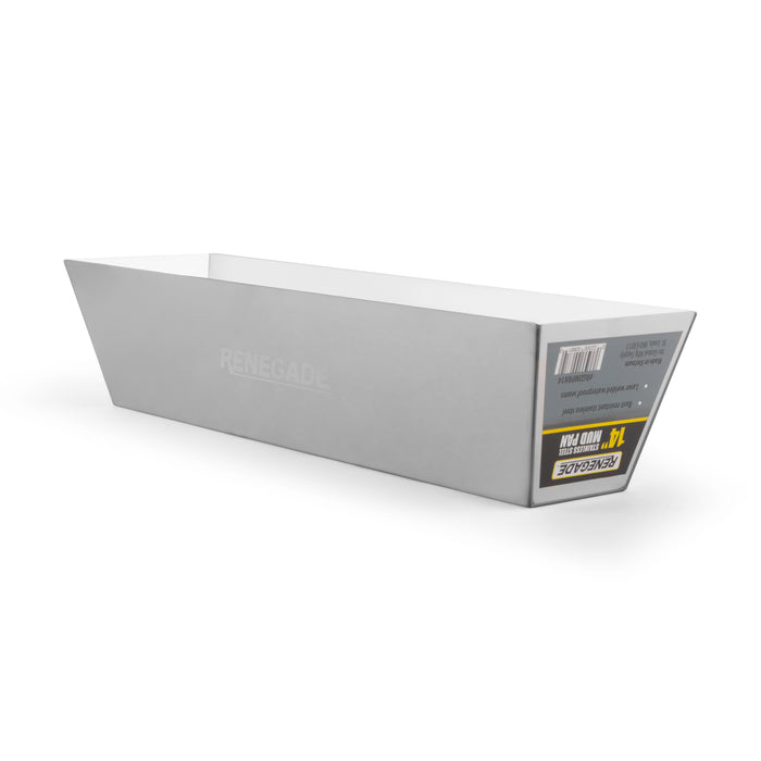Renegade 14 inch stainless steel drywall mud pan packaged, professional joint compound tray for taping tools