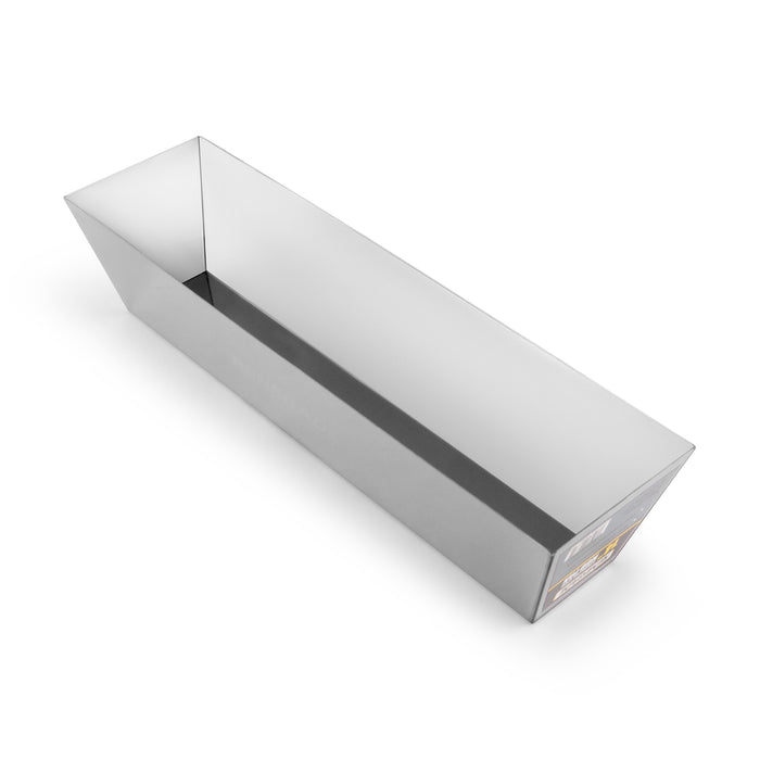 Renegade 14 inch stainless steel mud pan angled view, durable drywall finishing pan for joint compound