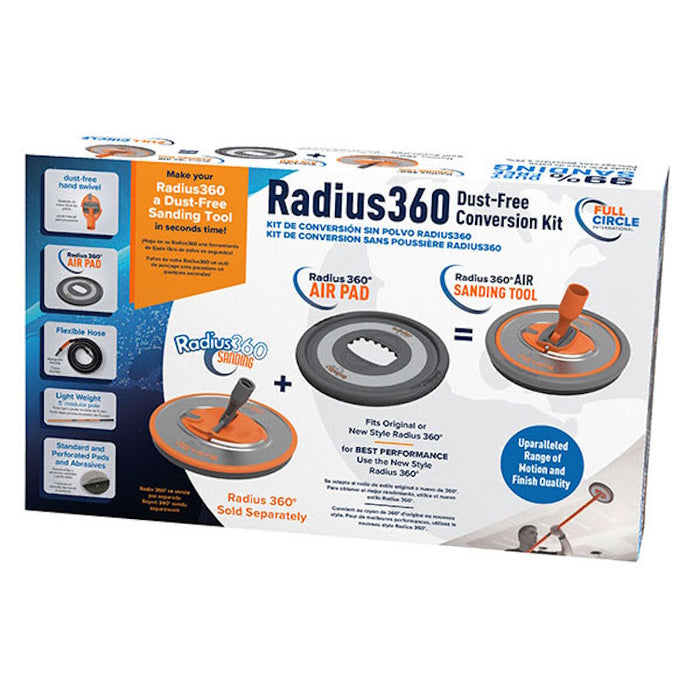 Radius360 Dust-Free Conversion Kit in packaging box showing all components, nearly dust-free sanding system