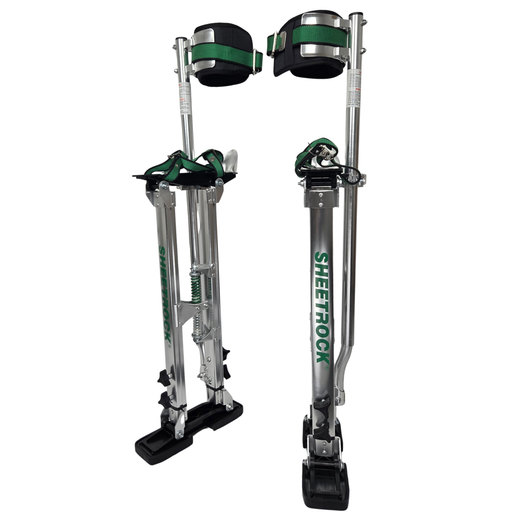 USG Sheetrock aluminum drywall stilts 24-40 set at 24-inch height with padded straps and wide rubber soles