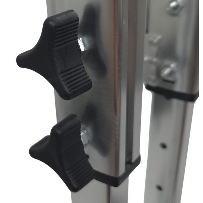 Close-up of USG Sheetrock drywall stilts dual height adjustment knobs for quick tool-free changes