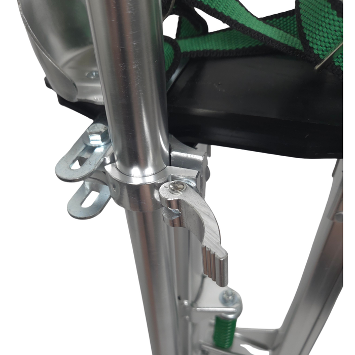 Close-up of USG Sheetrock drywall stilts quick-release clamp and upper leg strap adjustment system