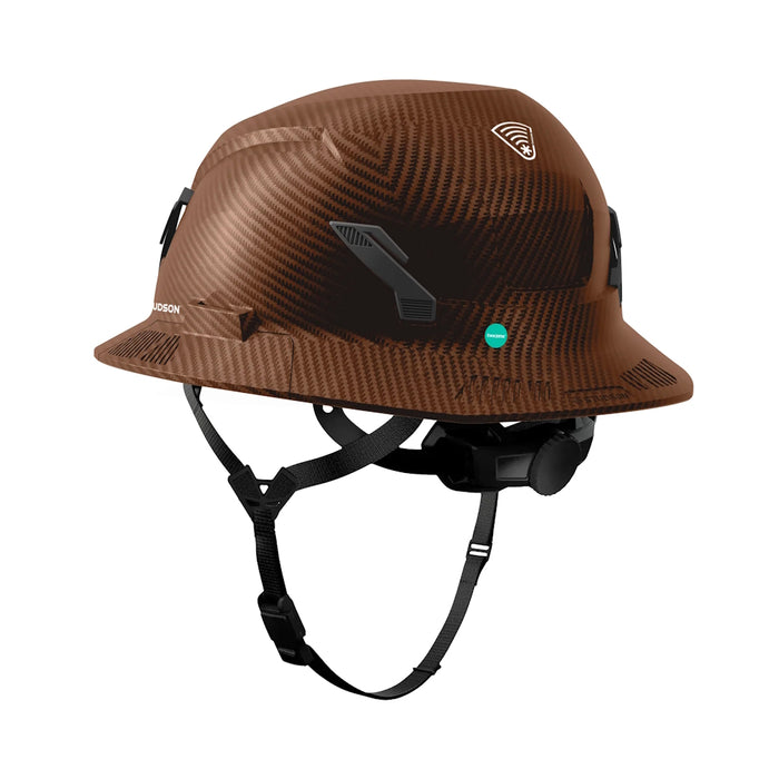 Rear side view of Fiber Metal Studson SHK-1 helmet with Twiceme NFC badge and dial fit