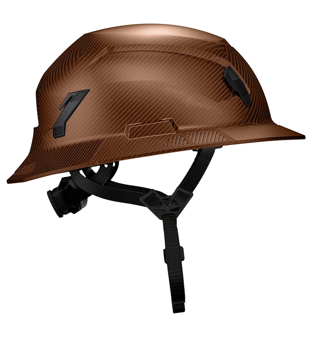 "Fiber Metal Studson SHK-1 full brim safety helmet rear side view with chinstrap