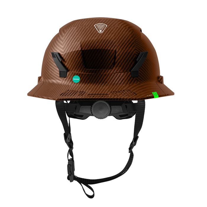 Back view of Fiber Metal Studson SHK-1 Class E helmet with rear dial and full brim