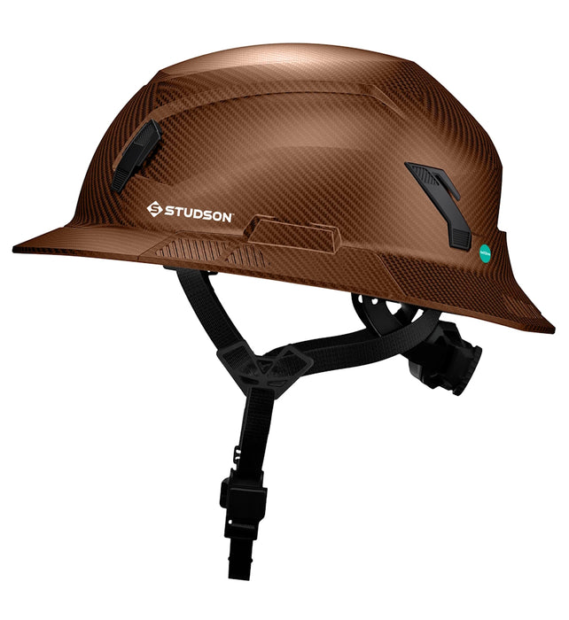 Side profile of Fiber Metal Studson SHK-1 full brim helmet with Studson logo