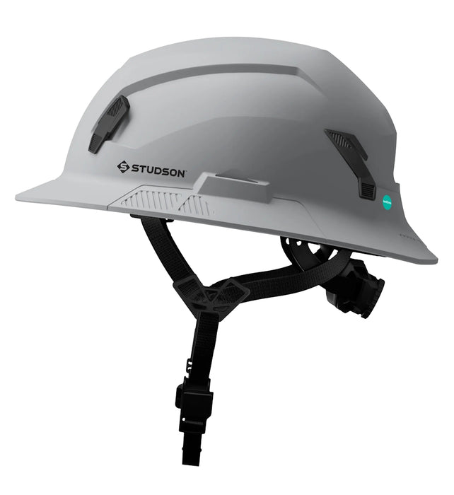 Side profile of Grey Studson SHK-1 full brim safety helmet with Studson logo