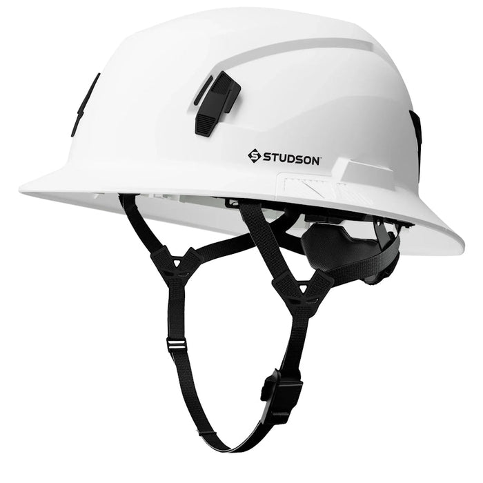 White Studson SHK-1 full brim non-vented Class E safety helmet with chinstrap