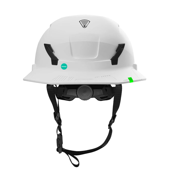 Back view of White Studson SHK-1 full brim non-vented Class E helmet with rear dial