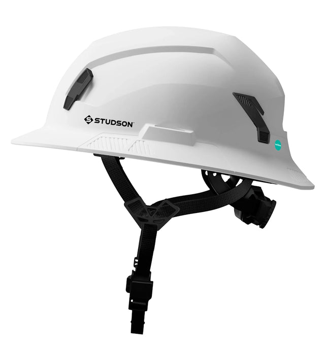 Side profile of White Studson SHK-1 full brim safety helmet with Studson logo