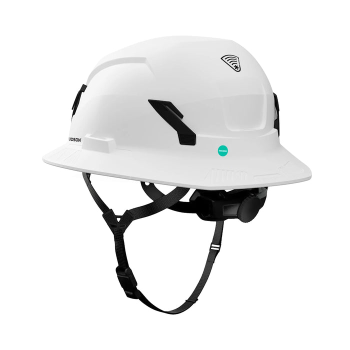 Rear side view of White Studson SHK-1 safety helmet with Twiceme NFC badge and chinstrap