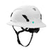 Rear side view of White Studson SHK-1 safety helmet with Twiceme NFC badge and chinstrap