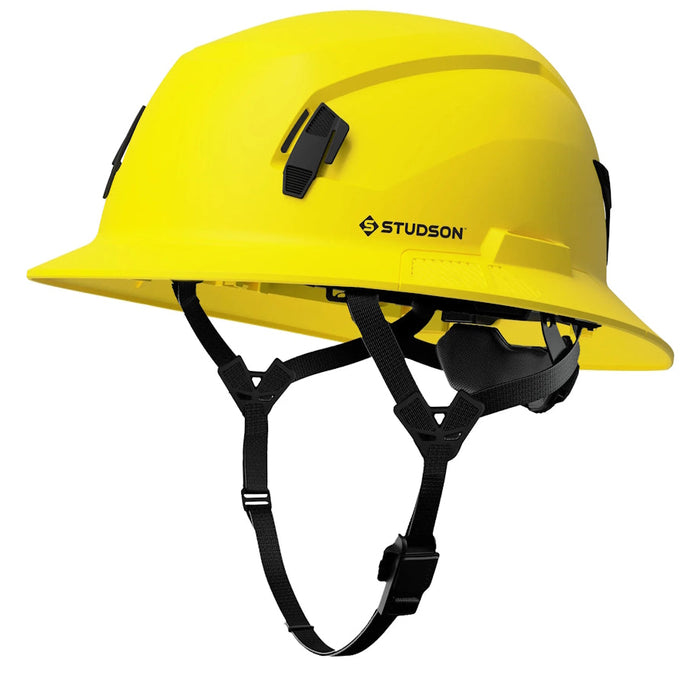 Yellow Studson SHK-1 full brim non-vented Class E safety helmet with chinstrap