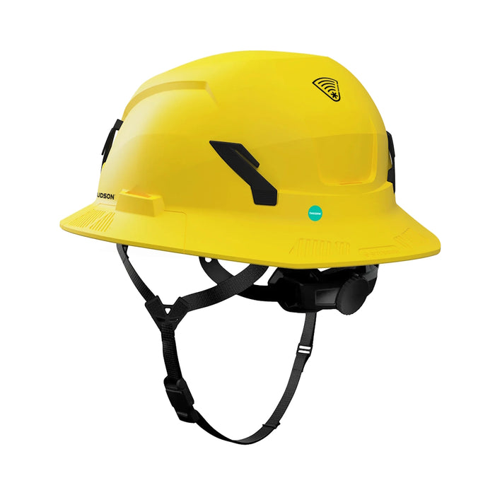 Rear side view of Yellow Studson SHK-1 safety helmet with Twiceme NFC badge and chinstrap