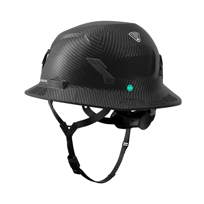 Rear view of Black Carbon Studson SHK-1 safety helmet with Twiceme NFC badge and dial fit