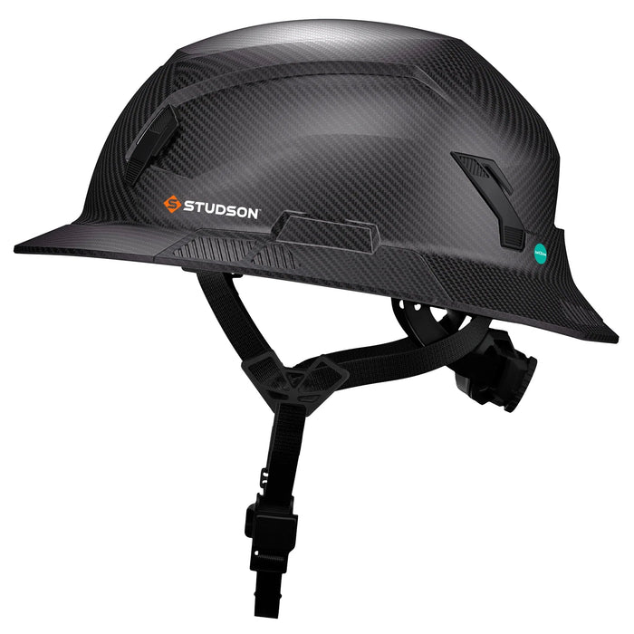 Side view of Black Carbon Studson SHK-1 full brim helmet with Fidlock 4-point chinstrap