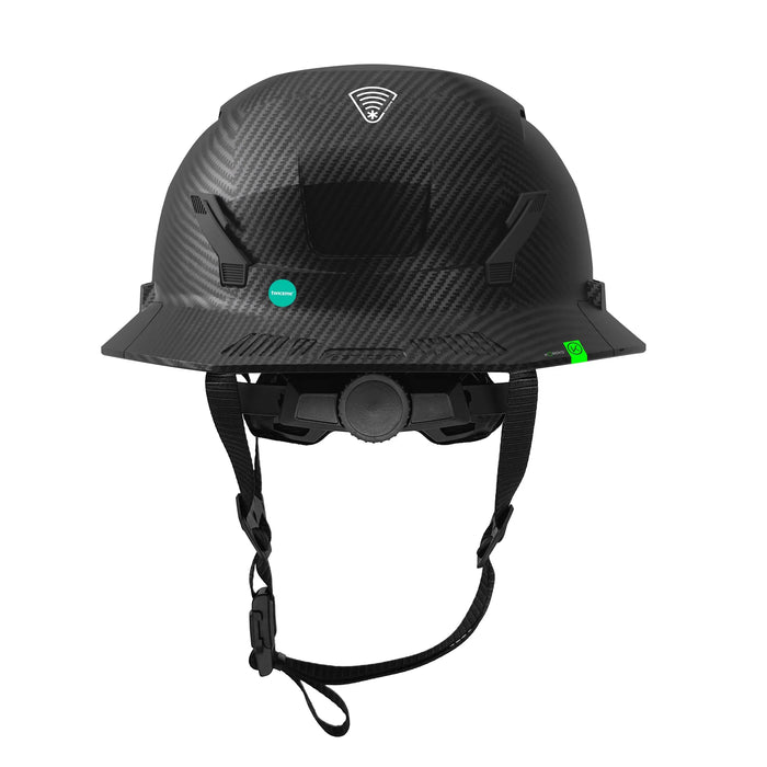 Back view of Black Carbon Studson SHK-1 Class E helmet with rear dial and full brim