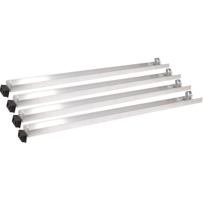 Close‑up of aluminum Wal‑Board leg with wishbone clip and adjustment holes for 34–44″ bench height adjustment