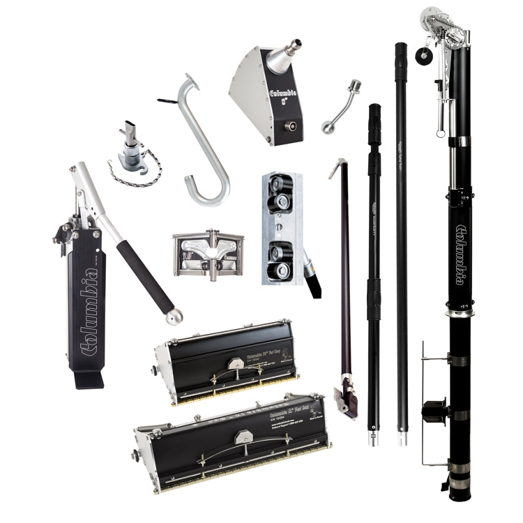 Columbia Full Basic Taping and Finishing Set kit displayed, showing automatic taper, pump, flat boxes, corner tools