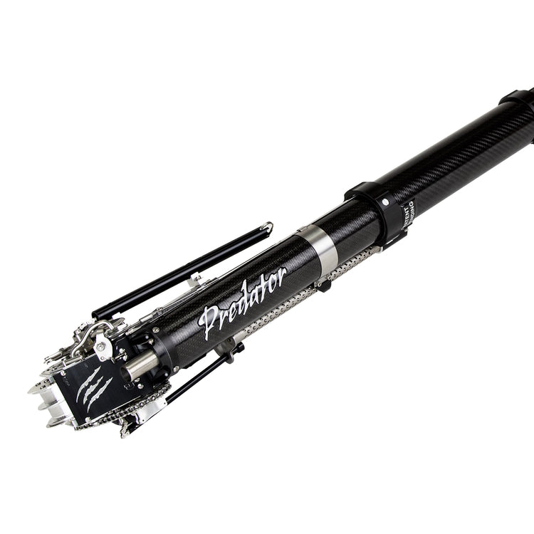 Close‑up of Predator’s 6‑wheel cutting head with patent‑pending pump‑action and tape control