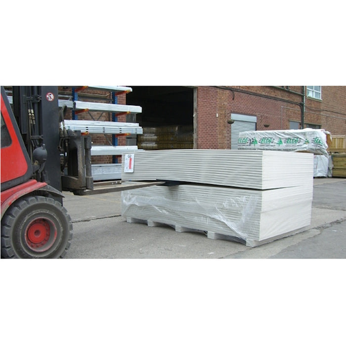 Drywall wedge used with forklift to separate sheetrock stacks for fast unloading and safer drywall handling