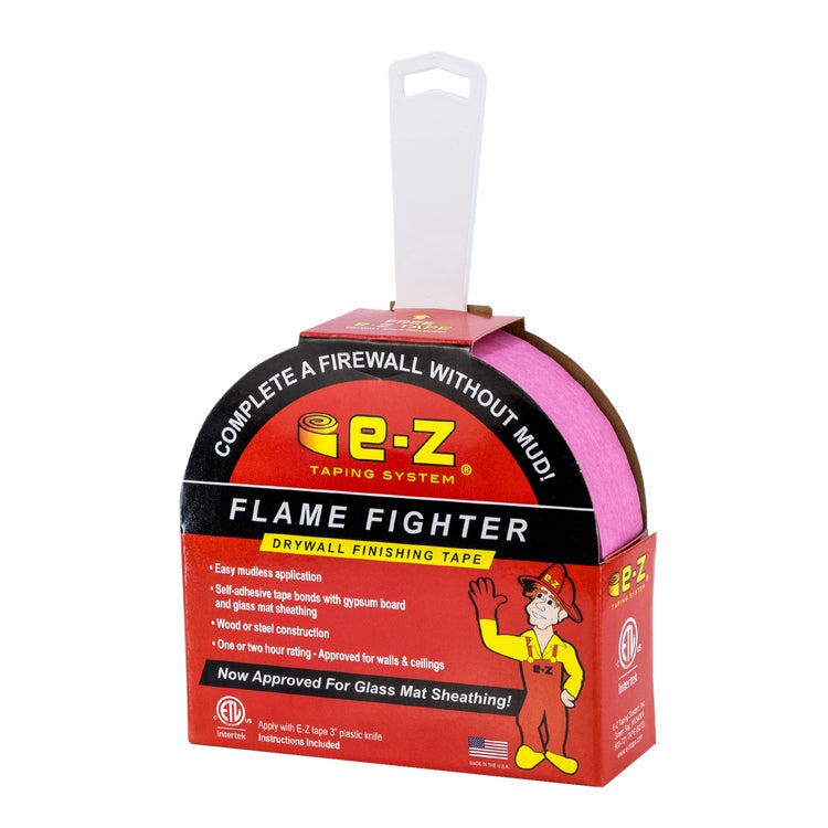 E‑Z Flame Tape roll in packaging with Flame Mudless Drywall Finishing Tape branding
