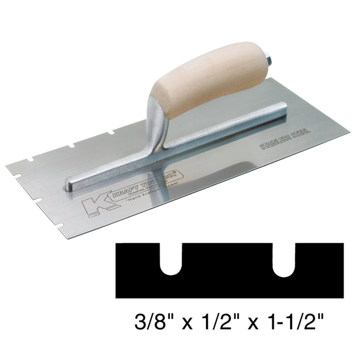 Kraft 12" x 5" Stainless Steel EIFS 3/8" x 1/2" x 1-1/2" Notch Trowel with Wood Handle