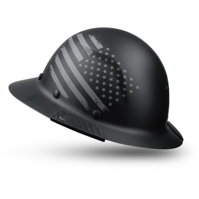 matte black DAX Patriot hard hat close-up of fiber reinforced resin shell and brim